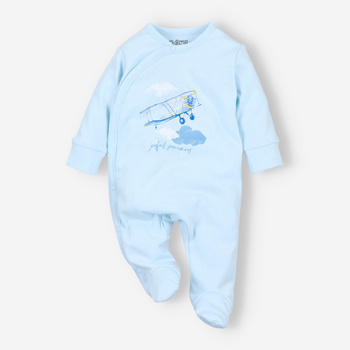Blue baby pajacifier SAMOLOTS in organic cotton for a boy